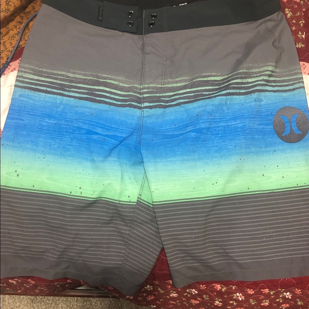 Hurley Men's Striped Swim Shorts - Gray, Blue, and Green